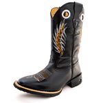 Bota Texana Masculina Cano Padrão Couro Bovino Legítimo Látego Preto Bordado Asa Copia