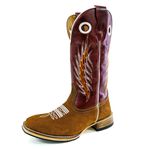 Bota Texana Masculina Couro Legítimo Bovino Nobuck Batido e Fóssil Vinho Bordado Raio Solado Reto