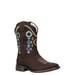 Bota Texana Feminina Bico Quadrado Couro Refulonado Café Bordado Geométrico Azul