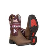 Bota Texana Feminina Bico Quadrado Couro Crazy Horse Tabaco e Fóssil Vermelho Bordados geométricos 