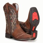  Bota Texana Feminina Bico Quadrado Couro Crazy Horse Havana e Café Bordada