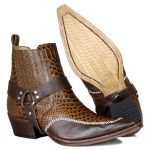 Botina Country Masculina Bico Fino Couro Bovino Legítimo Anaconda Nescau e Floater Café Costurado