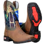 Bota Texana Country Masculina Couro Crazy Horse Tabaco Com Estampa Nossa Senhora