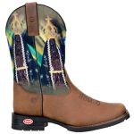 Bota Texana Country Masculina Couro Crazy Horse Tabaco Com Estampa Nossa Senhora