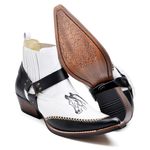 Botina Masculina Country Bico Fino Couro Legítimo Bovino Floater Branco e Preto com Estrivo Bordado Cavalo
