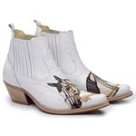 Bota Country Masculina Bico Fino Cano Curto Couro Legítimo Floater Branco Bordado Cavalo Vira Inteira