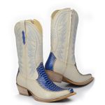 Bota Texana Masculina Bico Fino Couro Floater Marfim e Anaconda PB Azul