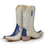 Bota Texana Masculina Bico Fino Couro Floater Marfim e Anaconda PB Azul