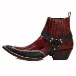 Botina Country Masculina Bico Fino Couro Bovino Legítimo Floater Preto e Anaconda Vermelho Estrivo