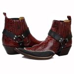 Botina Country Masculina Bico Fino Couro Bovino Legítimo Floater Preto e Anaconda Vermelho Estrivo