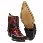 Botina Country Masculina Bico Fino Couro Bovino Legítimo Floater Preto e Anaconda Vermelho Estrivo