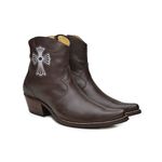 Botina Country Masculina Bico Fino Couro Legítimo Bovino Floater Chocolate Bordado Cruz Com Zíper