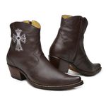 Botina Country Masculina Bico Fino Couro Legítimo Bovino Floater Chocolate Bordado Cruz Com Zíper