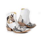 Botina Country Masculina Bico Fino Couro Legítimo Bovino Anaconda PB e Floater Branco Cruz Vazada e Bordado Cavalo Com Zíper