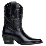 Bota Country Feminina Cano Médio Bico Fino Couro Legítimo Soft Preto Com Detalhes em Tachas 
