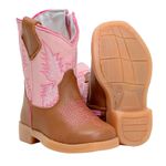 Bota Texana Baby Couro Legítimo Bico Quadrado Castor e Rosa Claro