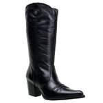 Bota Texana Feminina Bico Fino Couro Legítimo Preto Liso