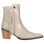 Bota Cano Curto Feminina Country Bico Fino Couro Legítimo Anaconda Marfim e Látego Marfim