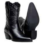 Bota Country Feminina Cano Médio Bico Fino Couro Legítimo Soft Preto Com Detalhes em Tachas 