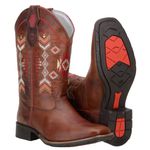 Bota Texana Feminina Bico Quadrado Couro Fóssil Havana Bordados Geométricos