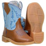 Bota Texana Baby Couro Legítimo Bico Quadrado Castor e Azul Claro