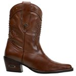 Bota Country Feminina Cano Médio Bico Fino Couro Legítimo Soft Pinhão Com Detalhes em Tachas