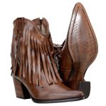 Bota Country Feminina Bico Fino de Franja Cano Curto Couro Legítimo Soft Pinhão