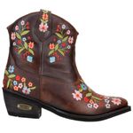 Bota Country Feminina Cano Curto Couro Legítimo Fóssil Café Bordado Floral