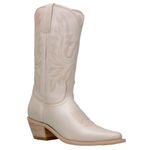 Bota Texana Country Feminina Bico Fino Couro Legítimo Off White Com Bordados