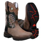 Bota Texana Masculina Bico Quadrado Couro Legítimo Crazy Horse Café / Fóssil Verde / Látego Preto Bordado Raio