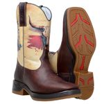 Bota Texana Masculina Bico Quadrado Couro Legítimo Fóssil Café Estampa Bandeira do Texas