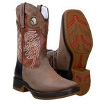 Bota Texana Masculina Bico Quadrado Couro Legítimo Crazy Horse Café / Fóssil Havana / Látego Preto Bordado Raio