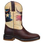Bota Texana Masculina Bico Quadrado Couro Legítimo Fóssil Café Estampa Bandeira do Texas