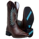 Bota Texana Feminina Country Bico Quadrado Couro Legitimo Fóssil Café Bordado Asa Azul