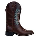 Bota Texana Feminina Country Bico Quadrado Couro Legitimo Fóssil Café Bordado Asa Azul