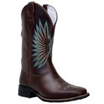 Bota Texana Feminina Country Bico Quadrado Couro Legitimo Fóssil Café Bordado Asa Azul