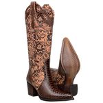 Bota Texana Feminina Bico Fino Couro Anaconda Mogno e Cano Tabaco Floral