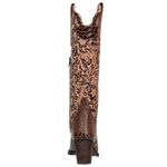 Bota Texana Feminina Bico Fino Couro Anaconda Mogno e Cano Tabaco Floral