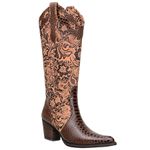 Bota Texana Feminina Bico Fino Couro Anaconda Mogno e Cano Tabaco Floral