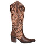 Bota Texana Feminina Bico Fino Couro Anaconda Mogno e Cano Tabaco Floral