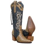 Bota Country Feminina Texana Bico Fino Couro Legítimo Jaca Castor e Laser Jeans com Ajuste