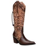 Bota Texana Feminina Bico Fino Couro Anaconda Mogno e Cano Tabaco Floral Com Ajuste