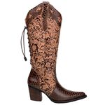 Bota Texana Feminina Bico Fino Couro Anaconda Mogno e Cano Tabaco Floral Com Ajuste