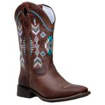 Bota Texana Feminina Bico Quadrado Couro Legítimo Fóssil Café Bordado Verde