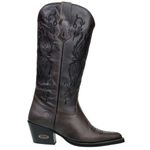 Bota Texana Feminina Bico Fino Couro Legítimo Fóssil Cinza Bordados Florais 