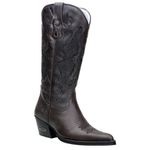Bota Texana Feminina Bico Fino Couro Legítimo Fóssil Cinza Bordados Florais 
