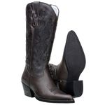 Bota Texana Feminina Bico Fino Couro Legítimo Fóssil Cinza Bordados Florais 