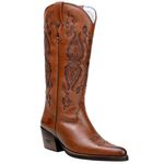 Bota Texana Feminina Bico Fino Couro Legítimo Floater Pinhão Bordados Florais