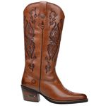Bota Texana Feminina Bico Fino Couro Legítimo Floater Pinhão Bordados Florais