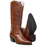 Bota Texana Feminina Bico Fino Couro Legítimo Floater Pinhão Bordados Florais